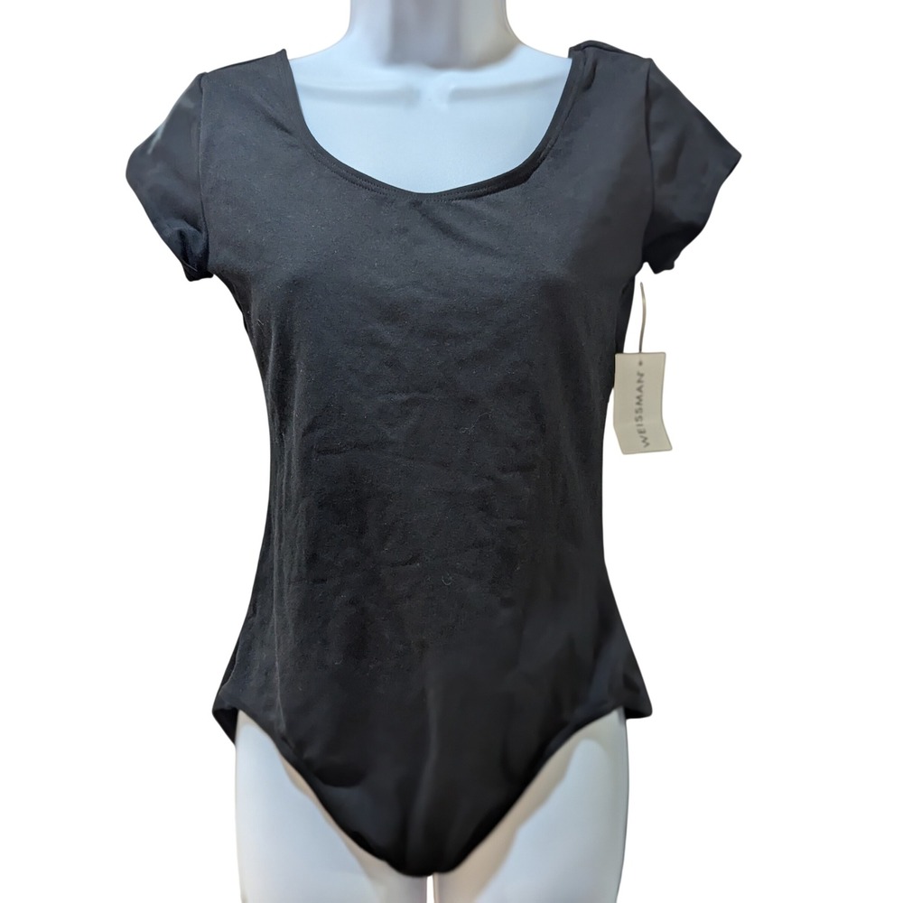 Weissman Black Short Sleeve Dance Leotard Scoop Neck Cotton Spandex CL12112 LA